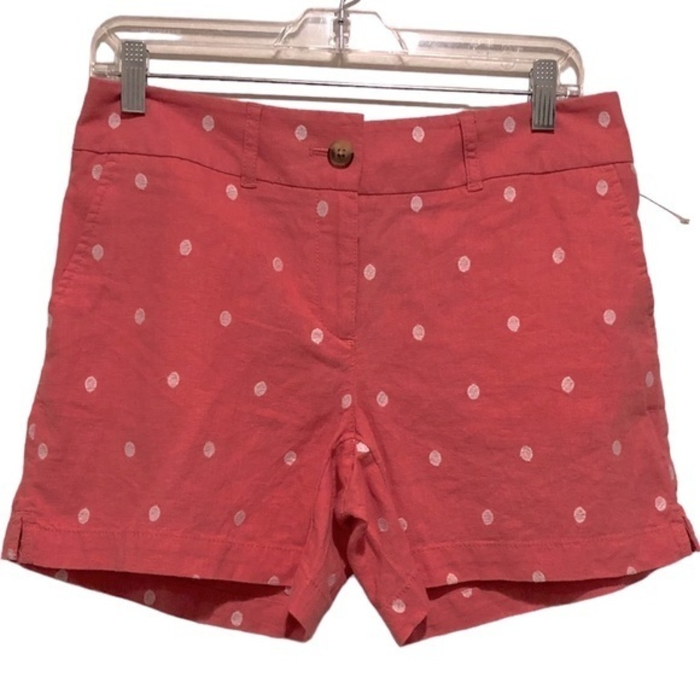 LOFT LINEN 6 inch MID RISE SALMON PINK WHITE POLKADOT SHORTS ZIP